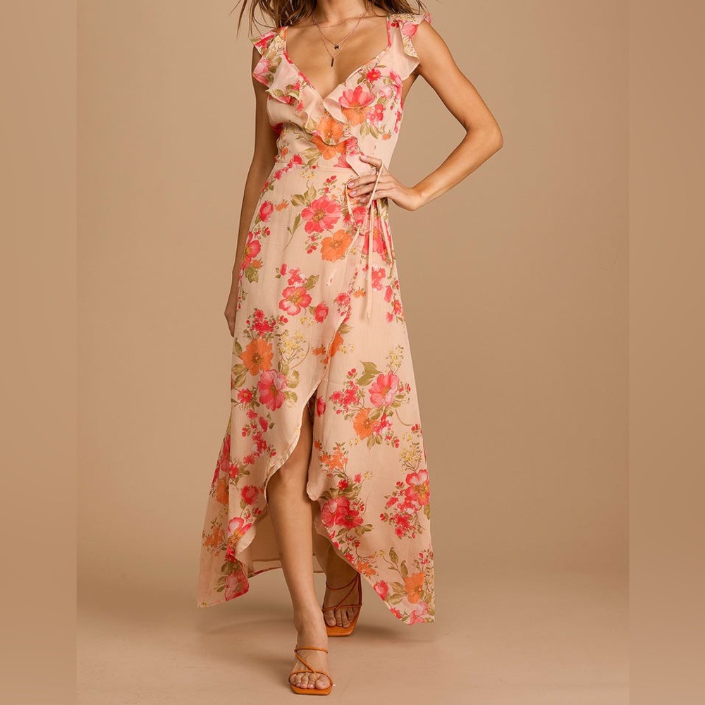 NWOT Lulu’s Cream/Pink, Floral, True Wrap, High Low, Maxi, Dress